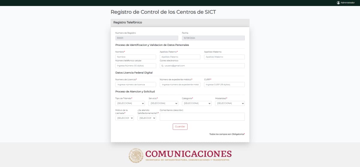 Registro de control de centros SICT